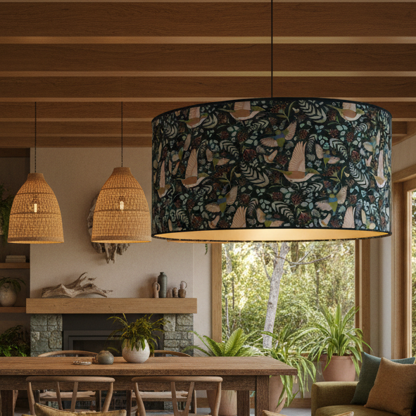 Ceiling pendant with NZ bush fabric lampshade