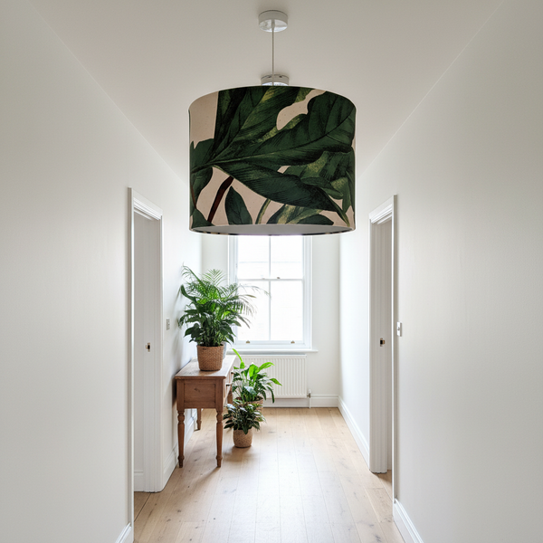 Dusky Fig Leaves lampshade as ceiling pendant in hallway