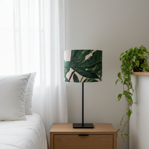 Dusky Fig Leaves lampshade in botanical bedroom