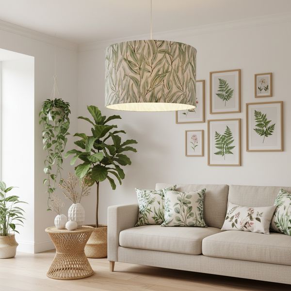 Eucalyptus Elegance lampshade as ceiling pendant in botanical living room