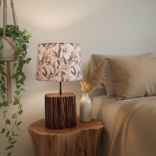 Medium tapered shade with Eucalyptus on Pink fabric on upcycled heritage stand in Bedroom