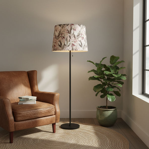 Eucalyptus on Pink large tapered shade by shades at grays on floor stand in reading Nook