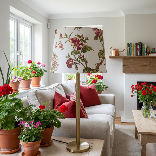 Floral Beauty lampshade on brass base in garden-lover's living room