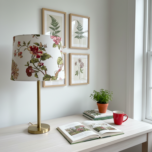 Floral Beauty lampshade on brass desk lamp in garden-lover's study