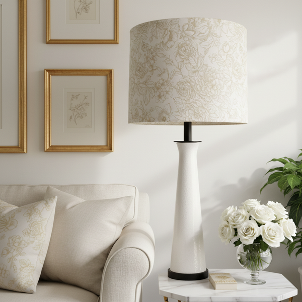 Floral Gold lampshade on ceramic base in elegant living room