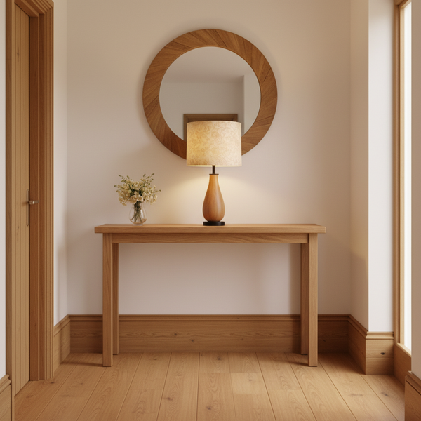 Floral Gold lampshade on timber base in hallway with wooden highlights
