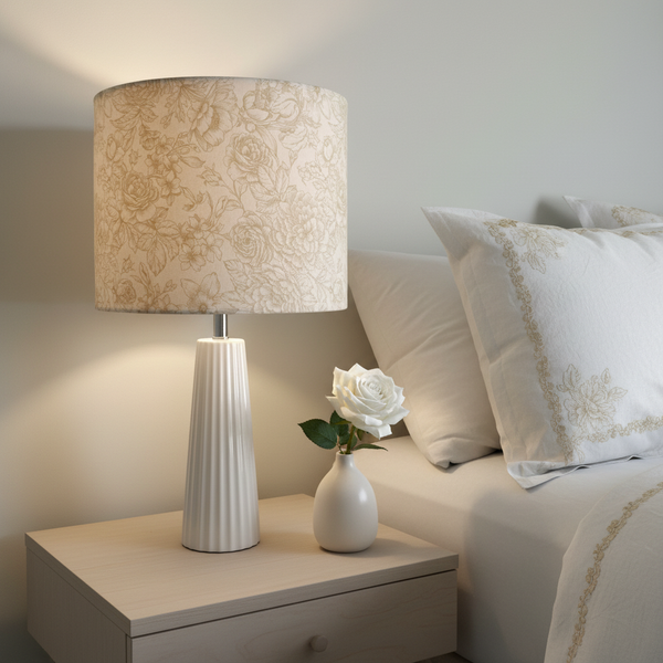 Floral Gold small lampshade on bedside table with matching cream linen