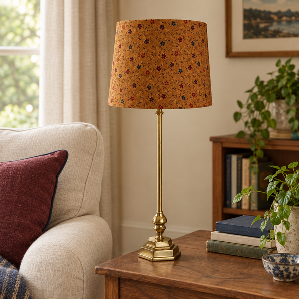 Gold lamp with Cornflowers on Brown shade in a warm living room