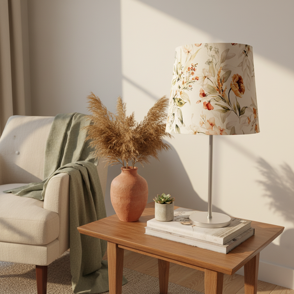 Golden Bouquet Table Lamp, unlit, bu shades at grays on side table