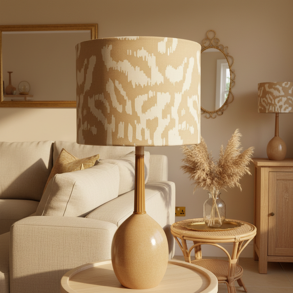 Golden Leopard Large lampshade on ceramic base in elegant living room