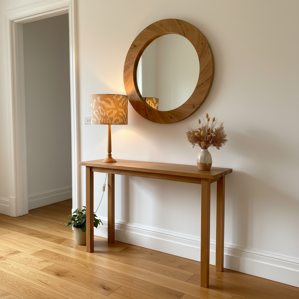 Golden Leopard Large lampshade on timber base in hallway with wooden highlights