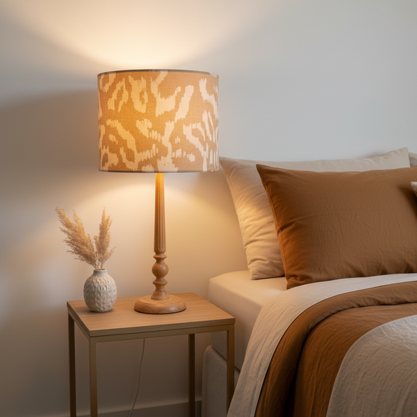 Golden Leopard Large small lampshade on bedside table with matching gold and cream linen