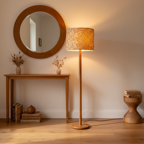 Golden Leopard Mini lampshade on timber base in hallway with wooden highlights
