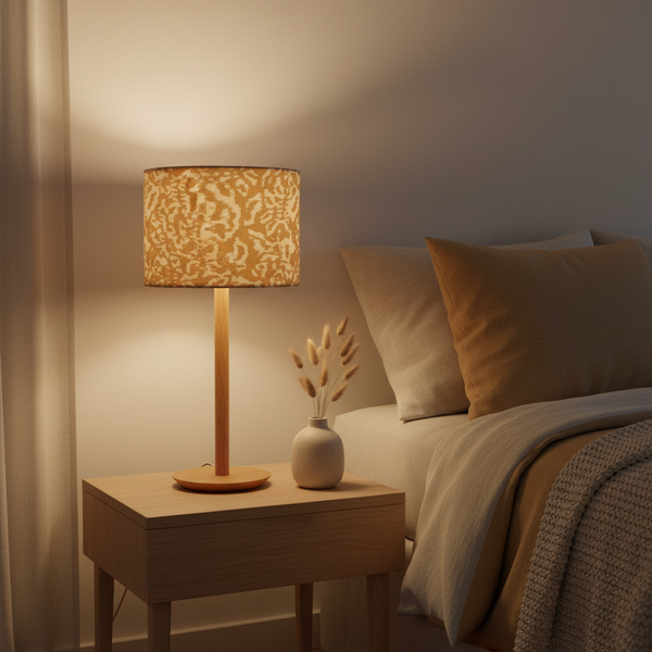 Golden Leopard Mini small lampshade on bedside table with matching sand and cream linen