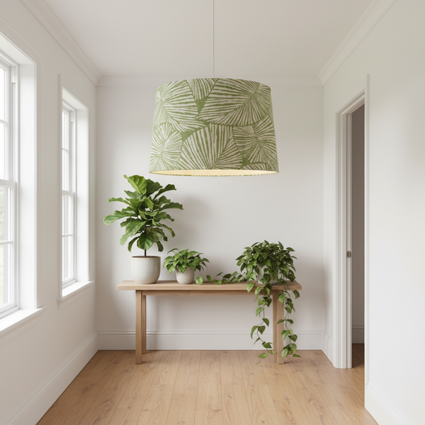 Green Palms ceiling pendant lampshade in botanical hallway