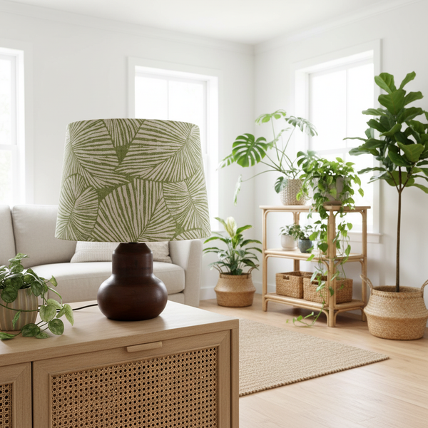 Green Palms lampshade on timber base in botanical living room
