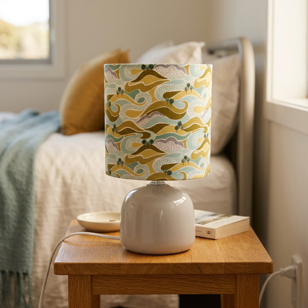 Hills and Trees lamp styled in a relaxed bach bedroom