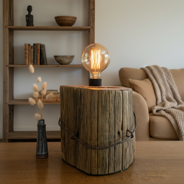 Hollowed Tōtara Heritage Lamp – Living Room Lifestyle