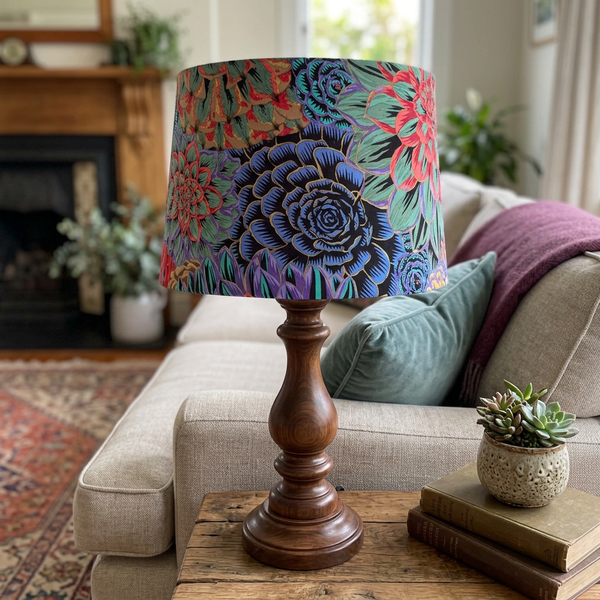 House Leeks Dark empire lampshade on a timber base in a living room