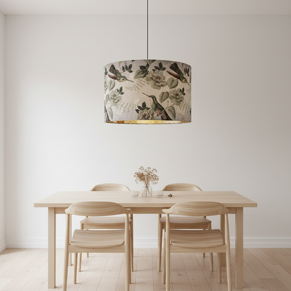 Hummingbird lampshade as ceiling pendant in Scandi dining room