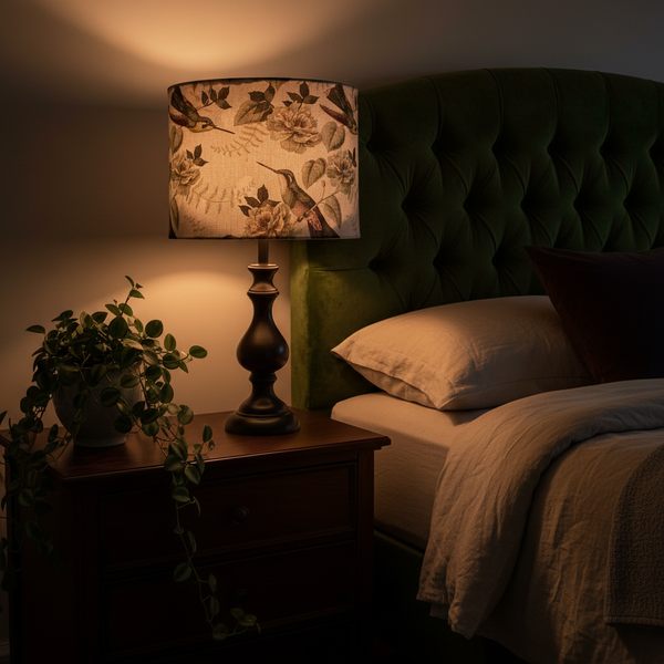 Hummingbird lampshade in intimate bedroom