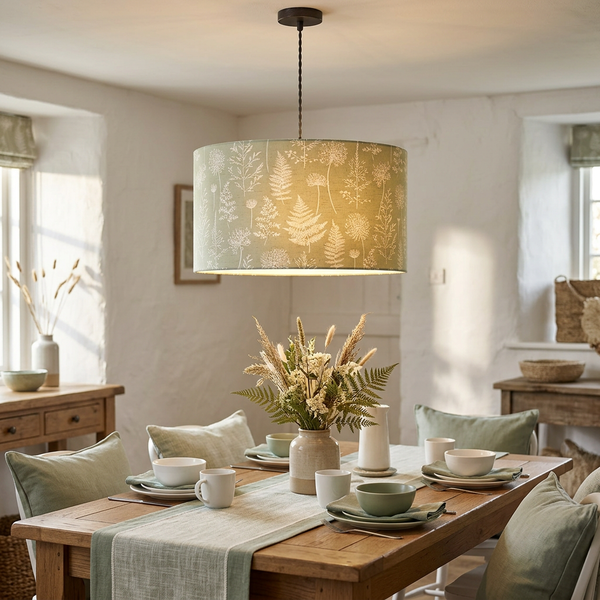 Drum ceiling pendant in Meadow Green fabric glowing above a wooden dining table.