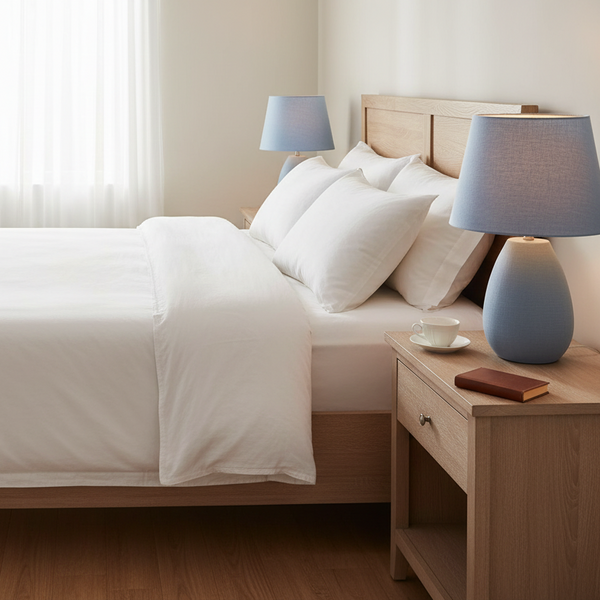 Cornflower blue linen lampshade on bedside table in bedroom