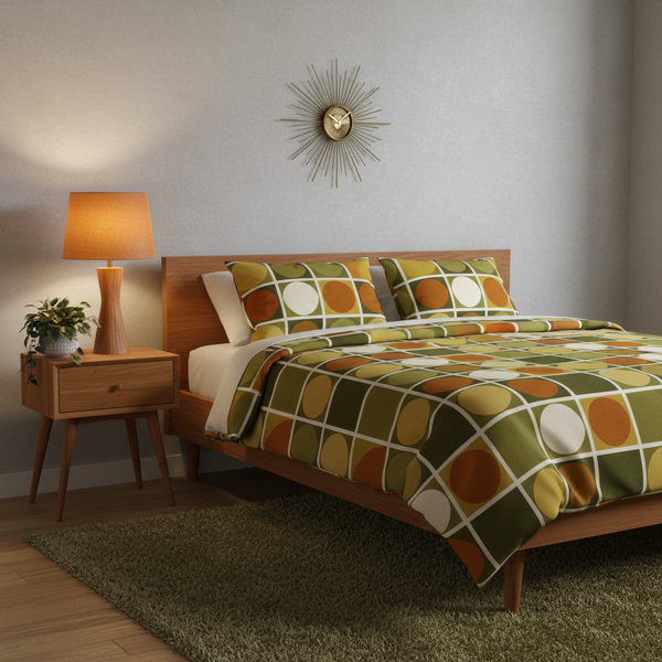 Caramel linen lampshade in mid-century modern bedroom with geometric patterns