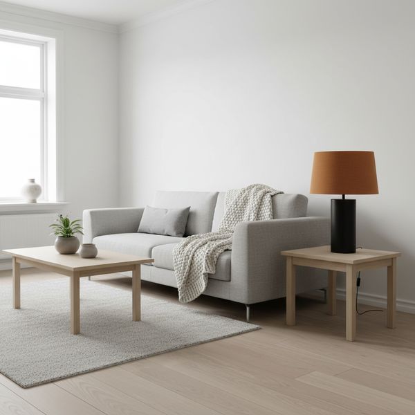 Toffee linen table lamp in minimalist Scandinavian living room with natural wood