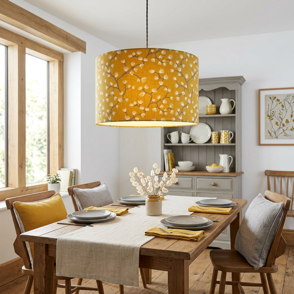 Drum ceiling pendant in Spring Buds Sunflower fabric glowing above a wooden dining table.