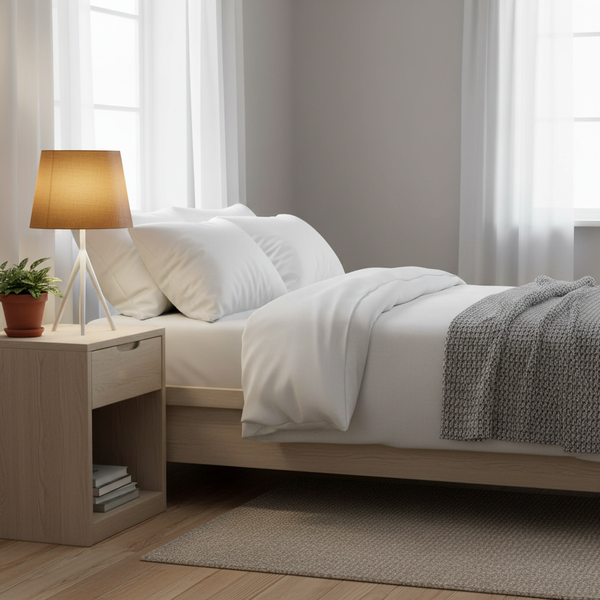 Toffee linen lampshade in serene Scandinavian bedroom with white linen and hygge simplicity