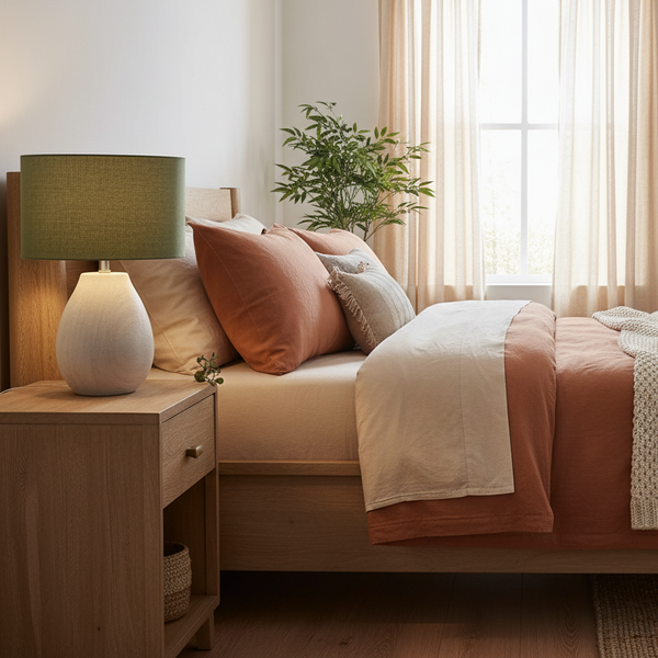Kale green linen lampshade in bedroom with complementary terracotta and warm bed linen