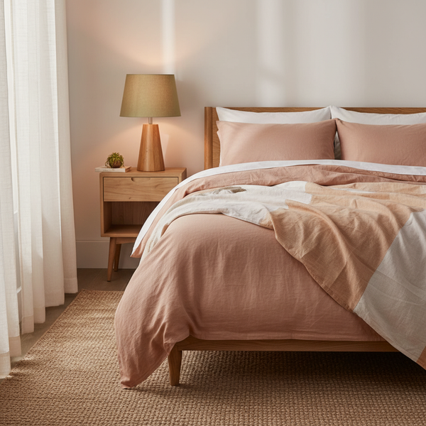 Sage green linen lampshade in bedroom with complementary blush pink and apricot bed linen