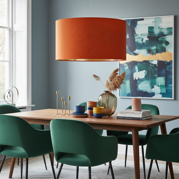 Burnt orange linen barrel ceiling pendant in stylish dining room with emerald chairs