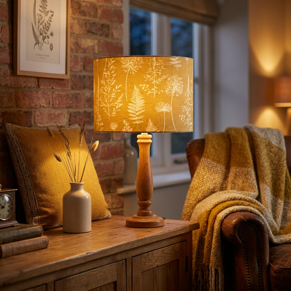 Lit drum lampshade in Meadow Mustard fabric on a timber table lamp base in a cosy living room.