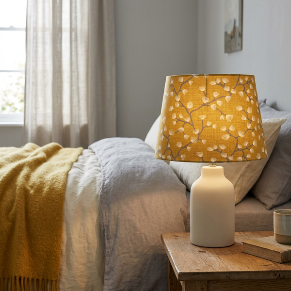 Lit tapered lampshade in Spring Buds Sunflower fabric on a cream ceramic base beside a bed.