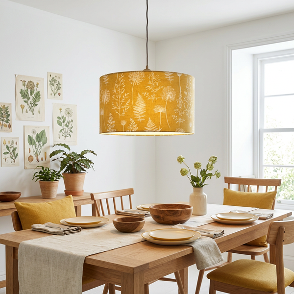 Drum ceiling pendant in Meadow Mustard fabric glowing above a wooden dining table.