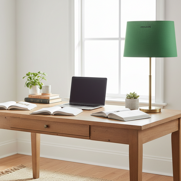 Amazon green linen desk lamp in home office with natural wood furniture
