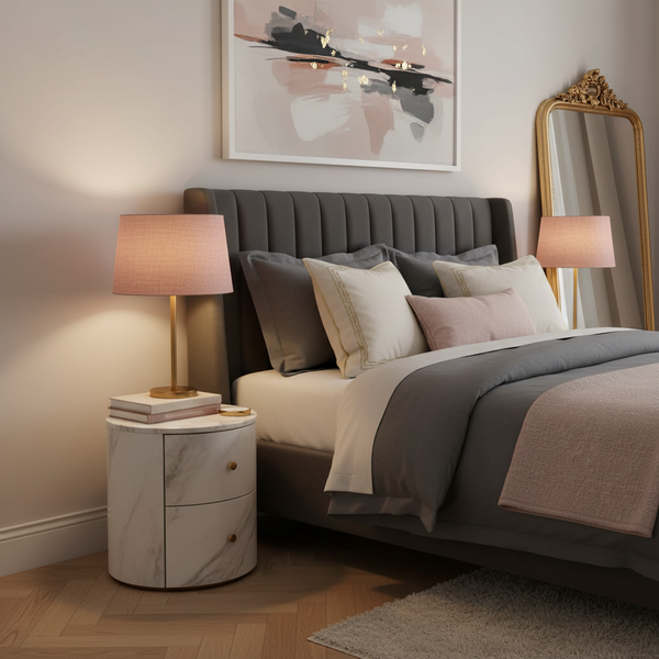 Dusky pink linen lampshade in elegant sophisticated adult bedroom with luxurious textiles
