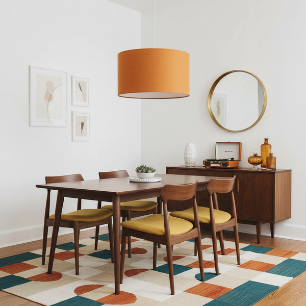 Caramel linen barrel ceiling pendant in mid-century modern dining room