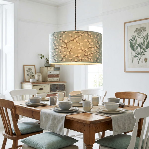 Drum ceiling pendant in Spring Buds Seafoam fabric glowing above a wooden dining table.