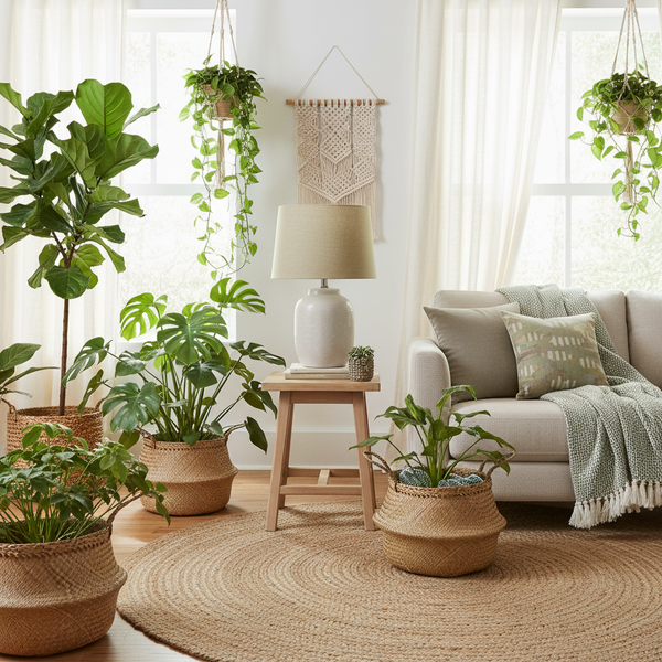 Sage green linen table lamp in botanical living room with plants and natural fibres
