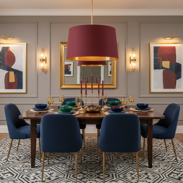 Maroon linen barrel ceiling pendant in stylish dining room with navy chairs