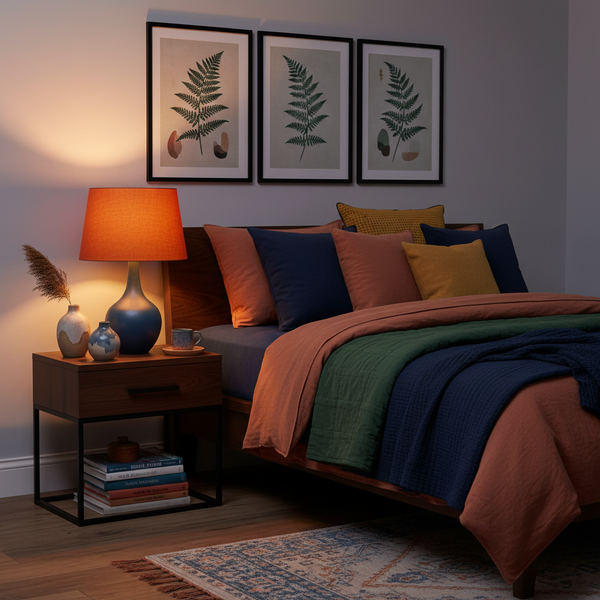Burnt orange linen lampshade in beautifully styled bedroom with layered textiles