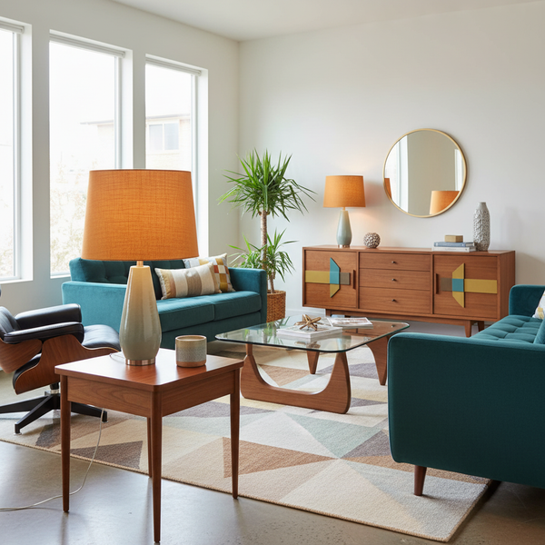 Caramel linen table lamp in mid-century modern living room with teak furniture