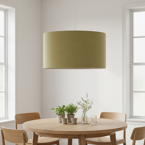Sage green linen barrel ceiling pendant lampshade in dining area