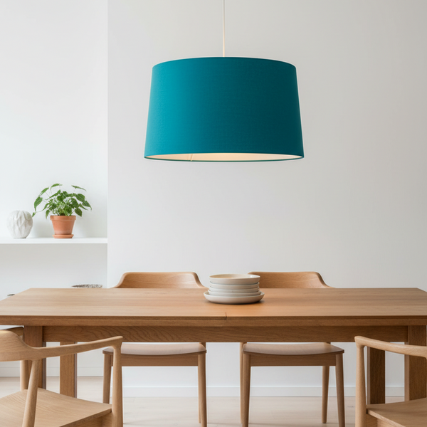 Teal linen drum style ceiling pendant lampshade over dining table