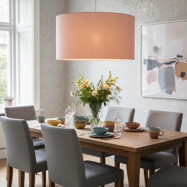 Pink salt linen barrel ceiling pendant in stylish dining room with grey chairs