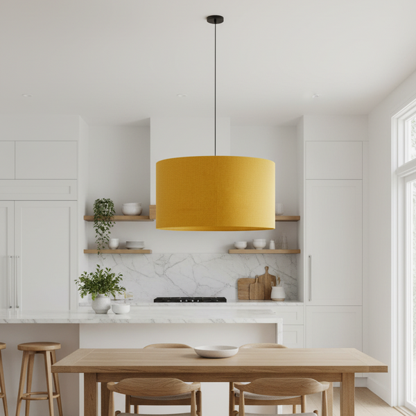 Mustard yellow linen barrel ceiling pendant lampshade in modern kitchen