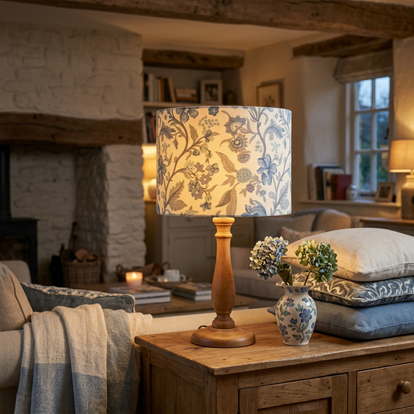 Lit drum lampshade in French General Parterre Pearl French Blue fabric on a timber table lamp base in a French country living room.